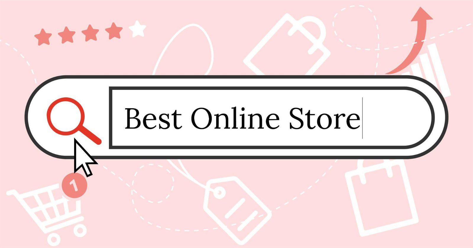 Illustration of a search bar with 'Best Online Store' typed in, surrounded by shopping icons